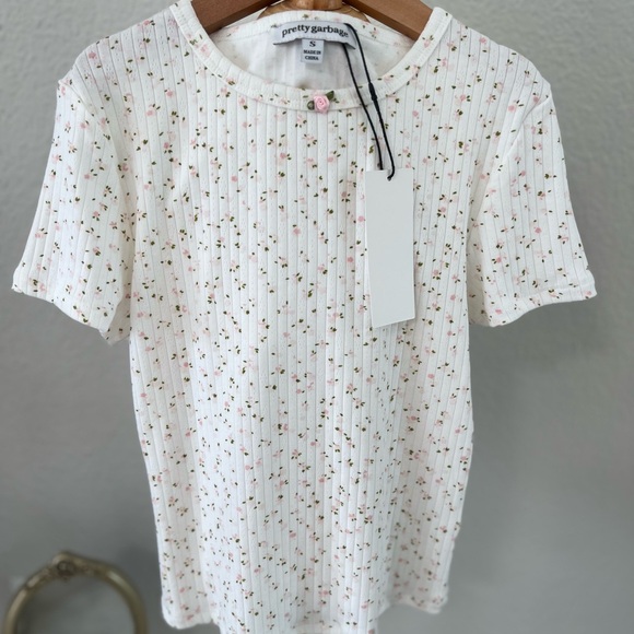Pretty Garbage Floral Ribbed White Tee - Picture 5 of 6